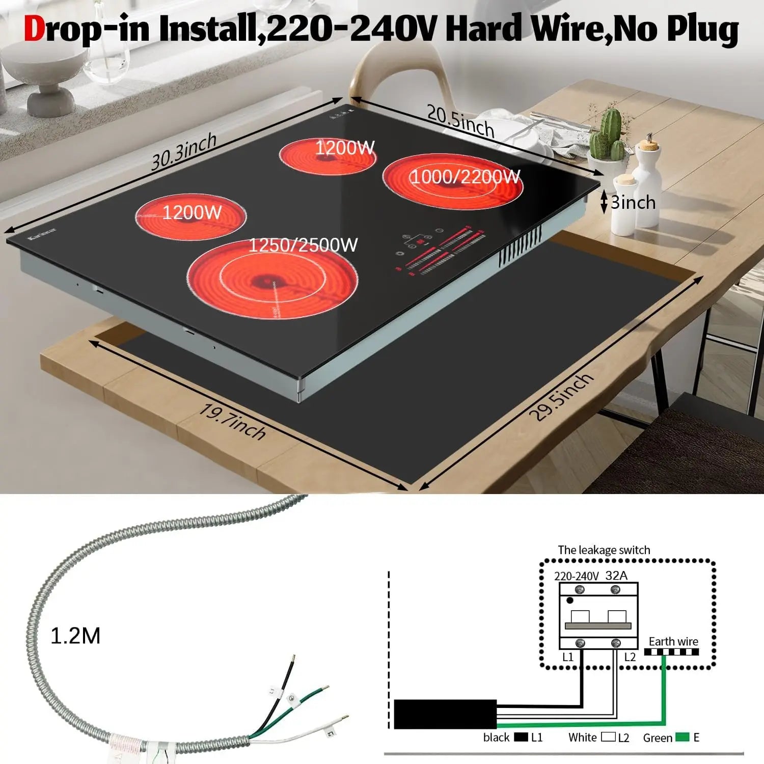 Karinear 4 Burner Electric Ceramic Cooktop 30 Inch, 220-240V, 30 Inch Built-in Install, 7100W, Slide Control, Oval Zone(No Plug)