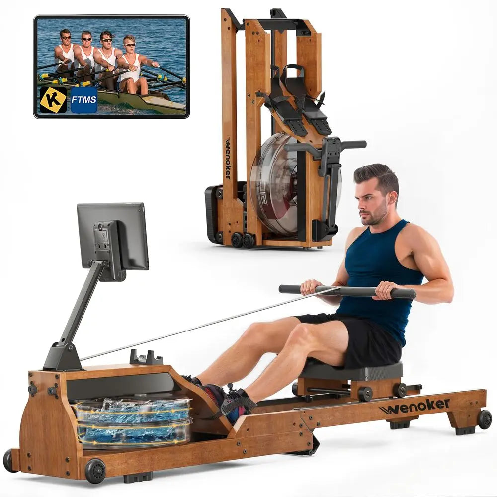 Rowing Machine for Home Use, Wooden Foldable Rower Machine with Dedicated Monitor amp Bluetooth APP, Large Water Tank amp Comfo