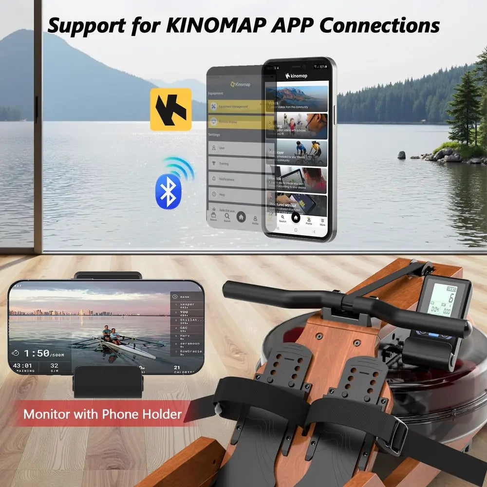 Rowing Machine for Home Use, Wooden Foldable Rower Machine with Dedicated Monitor amp Bluetooth APP, Large Water Tank amp Comfo