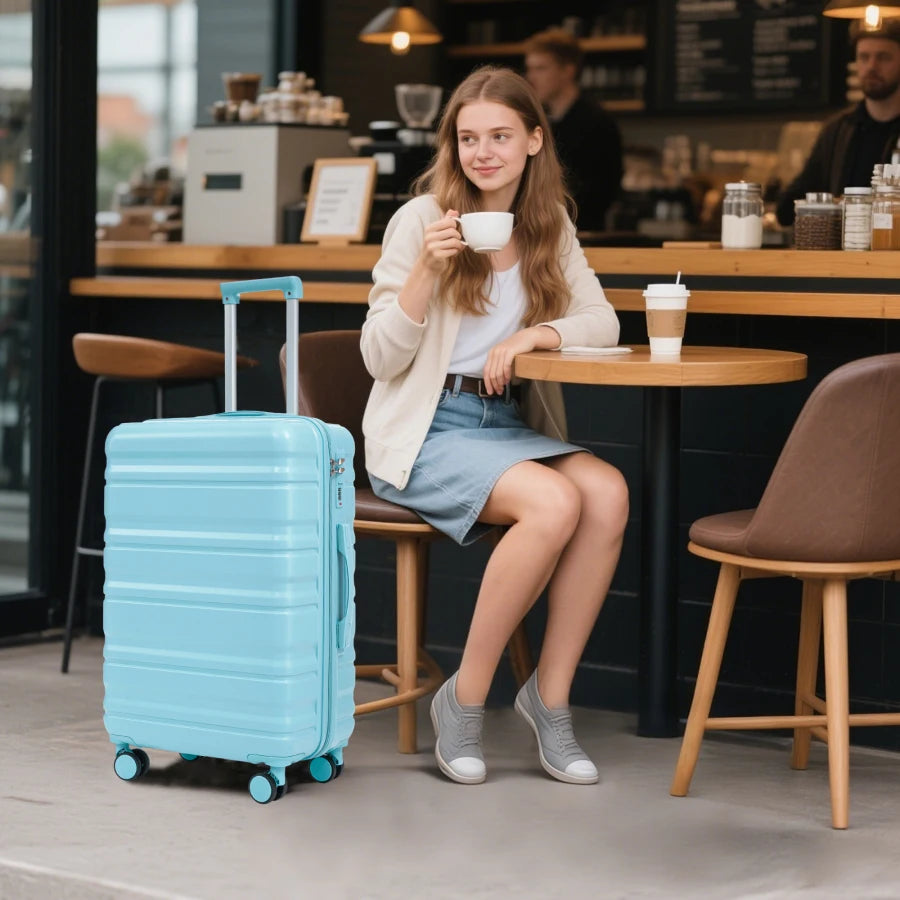 Travel luggage set for tourists: 20/24/28 ABS spinner wheel suitcases with carry-on size, matching blue color, and combination