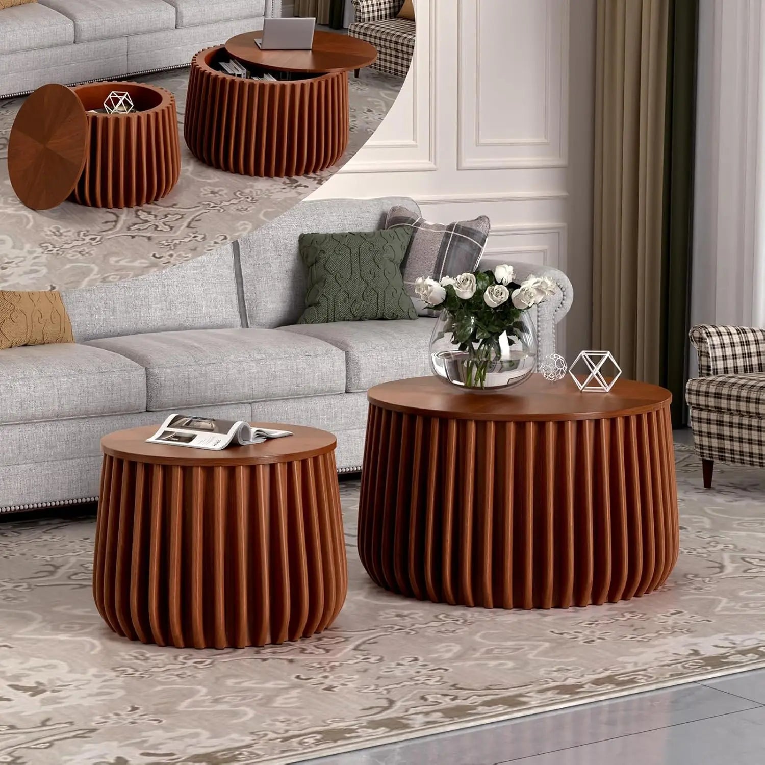 Round Storage Fluted Nesting Coffee Table Set of 2, Mid Century Modern Handcraft Circle Nested Coffee Table Set for, Customized