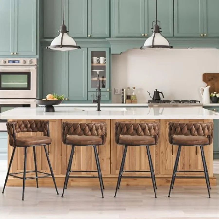 Bar Stools Set of 2 Counter Height Bar Stools with Woven Back and Footrest for Kitchen Island Counter Brown