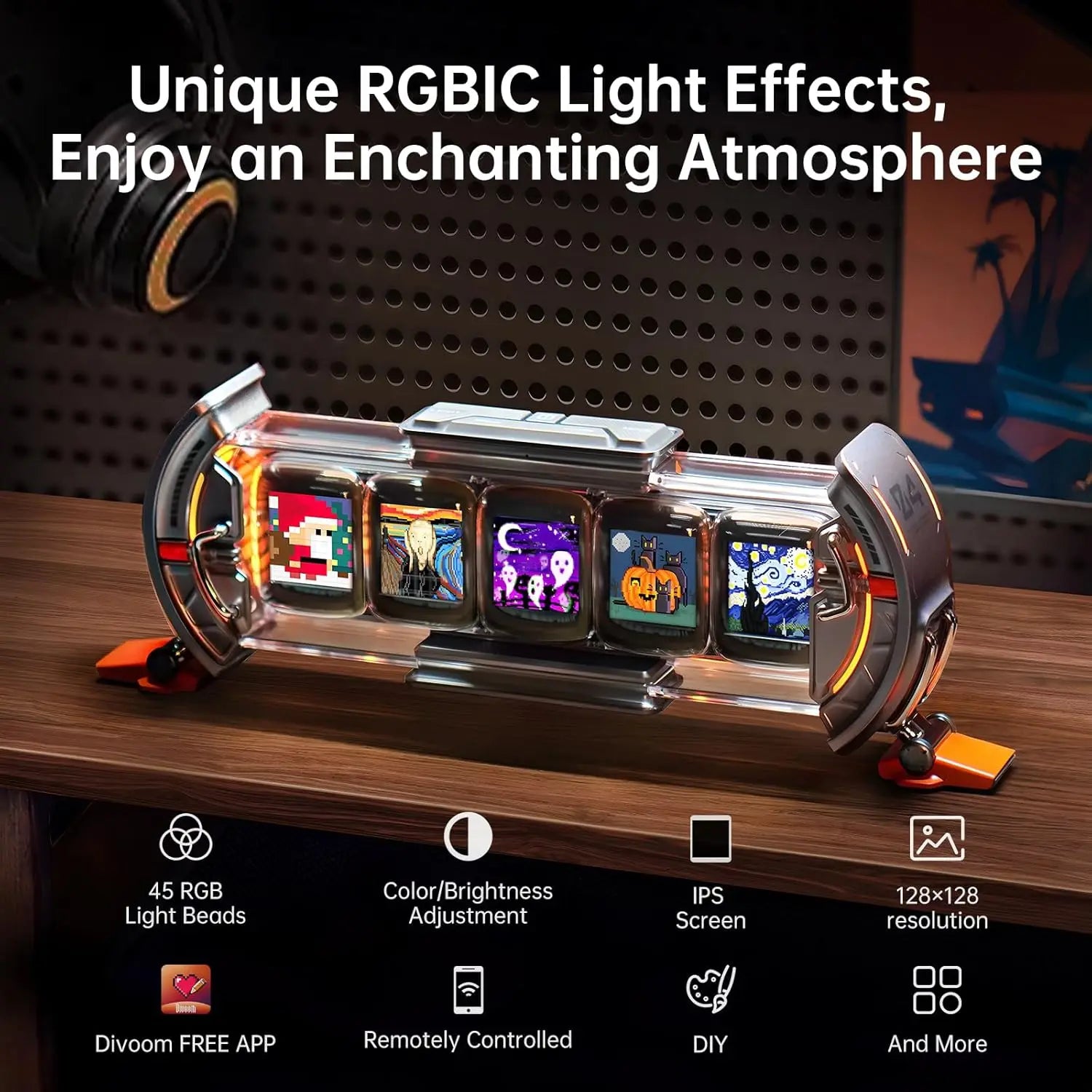 Cyberpunk Gaming Digital Alarm Clock, WiFi Smart Display, RGB LED Pixel Art for Desk Decor
