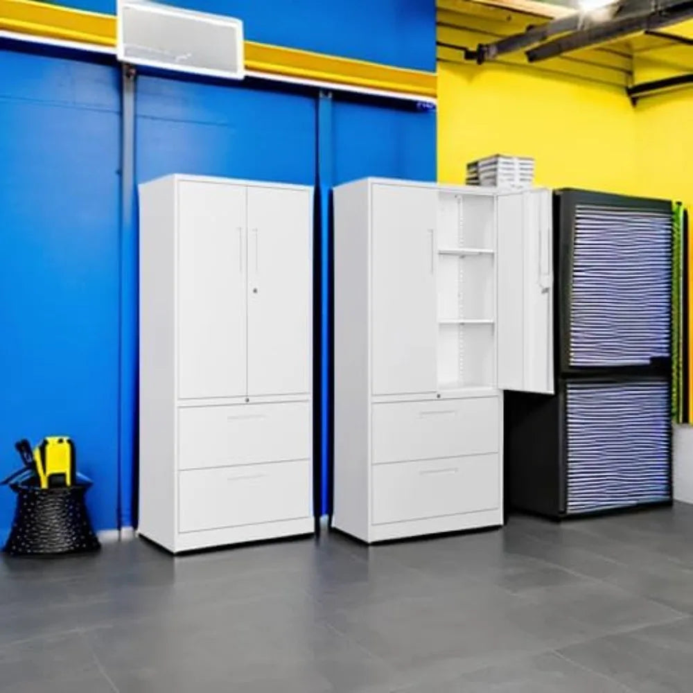 White 2-Drawer Locking Lateral File Cabinet with Shelf, 71 Storage Cabinet for Secure Metal Filing