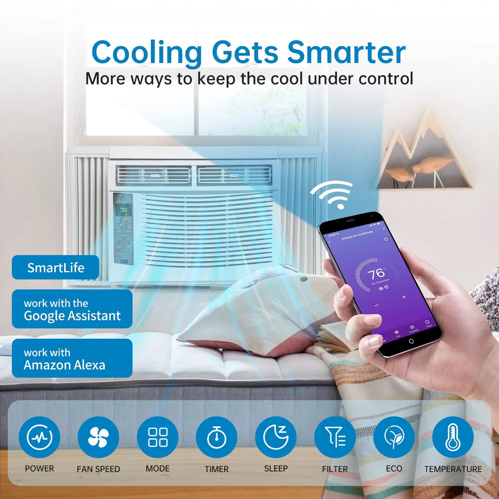6000 BTU Window Air Conditioner, Smart WiFi AC Unit with Remote Control & Digital Display, Quiet Cooling for Small Rooms up to 250 Sq. Ft., Dehumidifier & Fan Modes, Easy Installation, White
