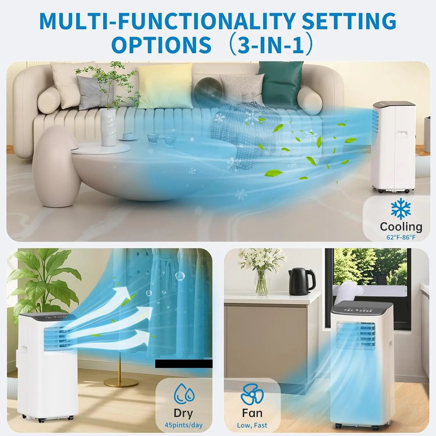 8,000 BTU Portable Air Conditioner Cools Up to 350 Sq.ft, 3-IN-1 Energy Efficient Portable AC Unit with Dehumidifier Fan Modes