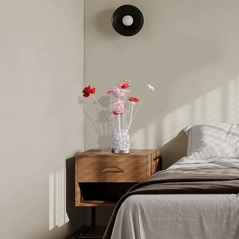 Red Roses 6 Petal Floral Table Lamp with Red/Silver Flower Bud in Modern Hexagonal Chrome Vase for Living Room or Bedroom, LED