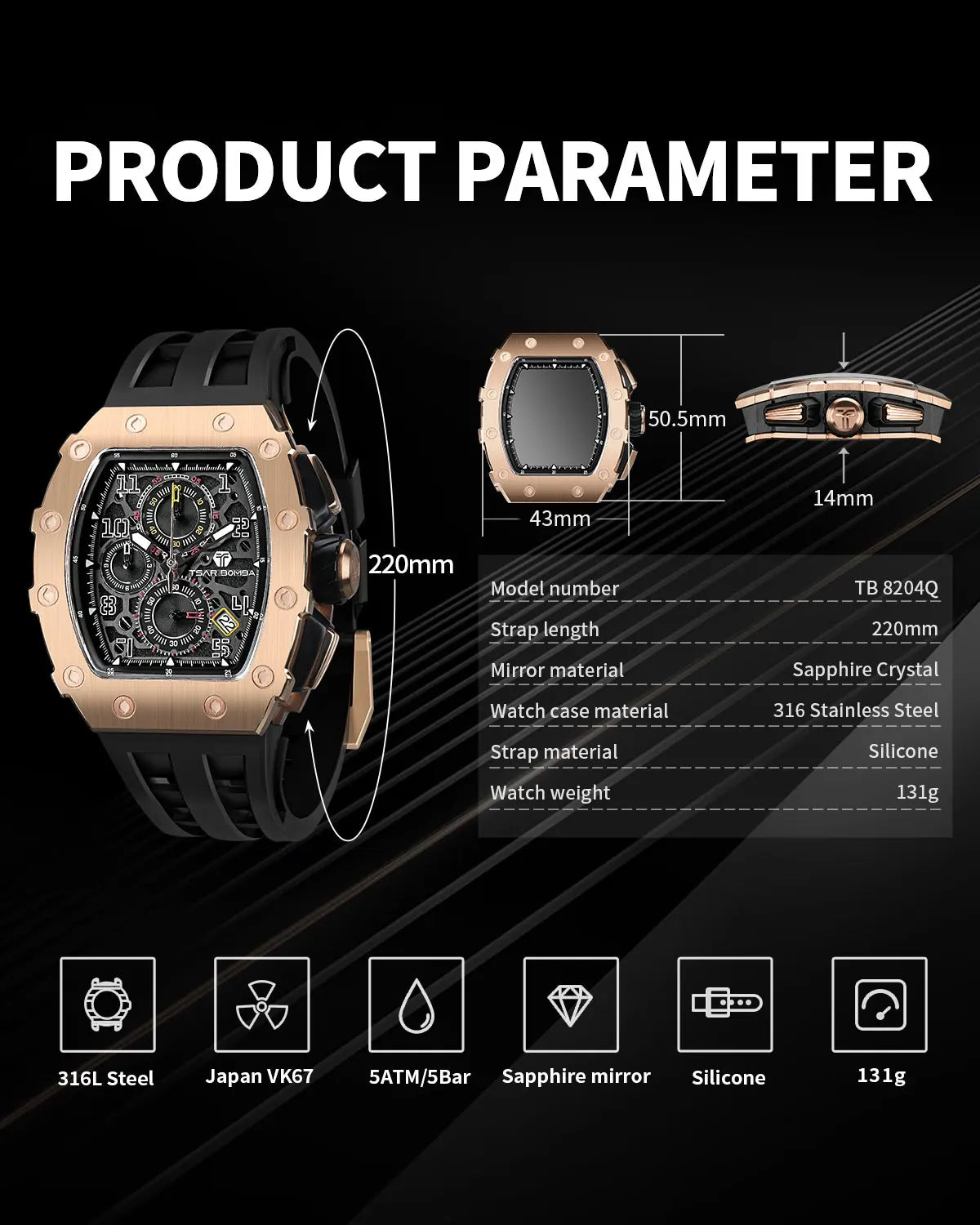 TSAR BOMBA Elegant Men's Quartz Watch — 50M Water-Resistant, Luxury Tonneau-Shaped Wristwatch with Date Display — An Ideal Gift