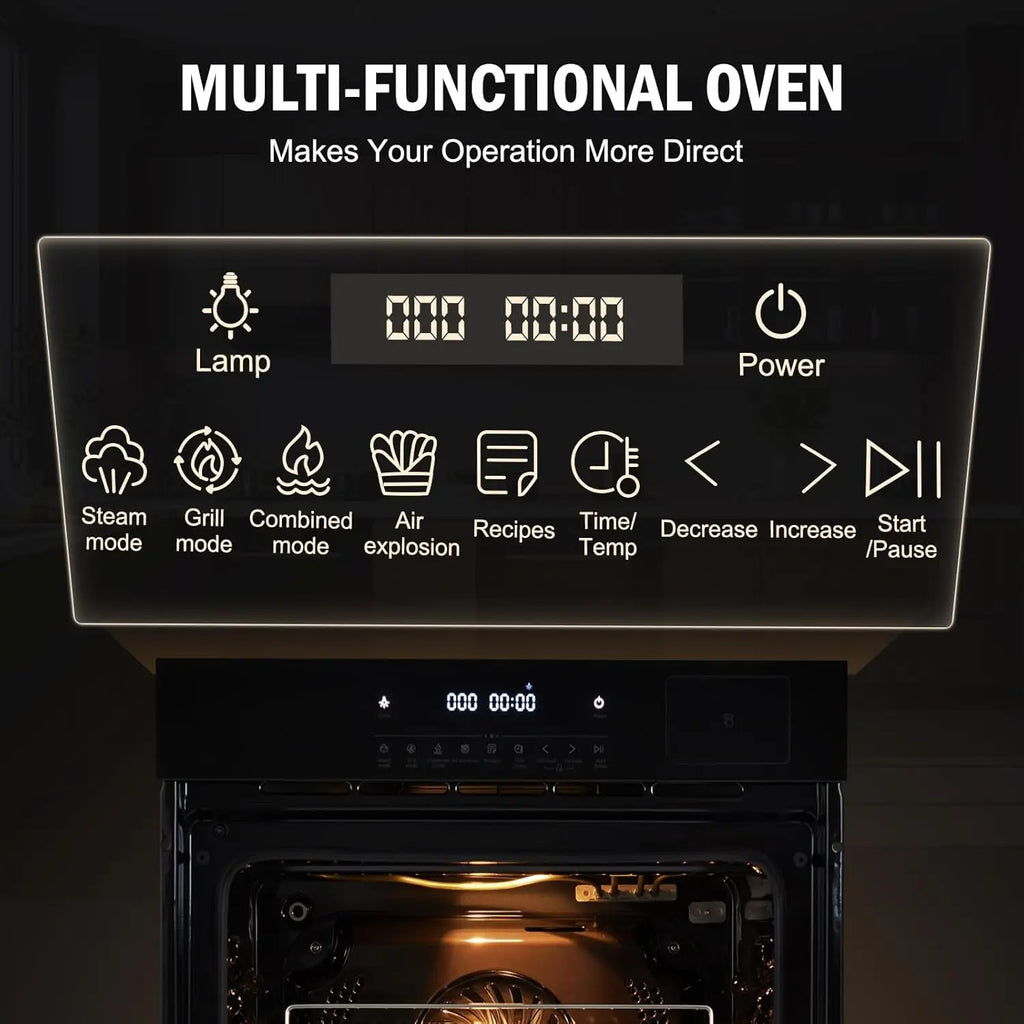 24Inch 70L Built-in Steam Oven, 240V 3000W Touch Control Air Fry Function 108 Smart Menus Wall Oven for Kitchen Baking Roasting