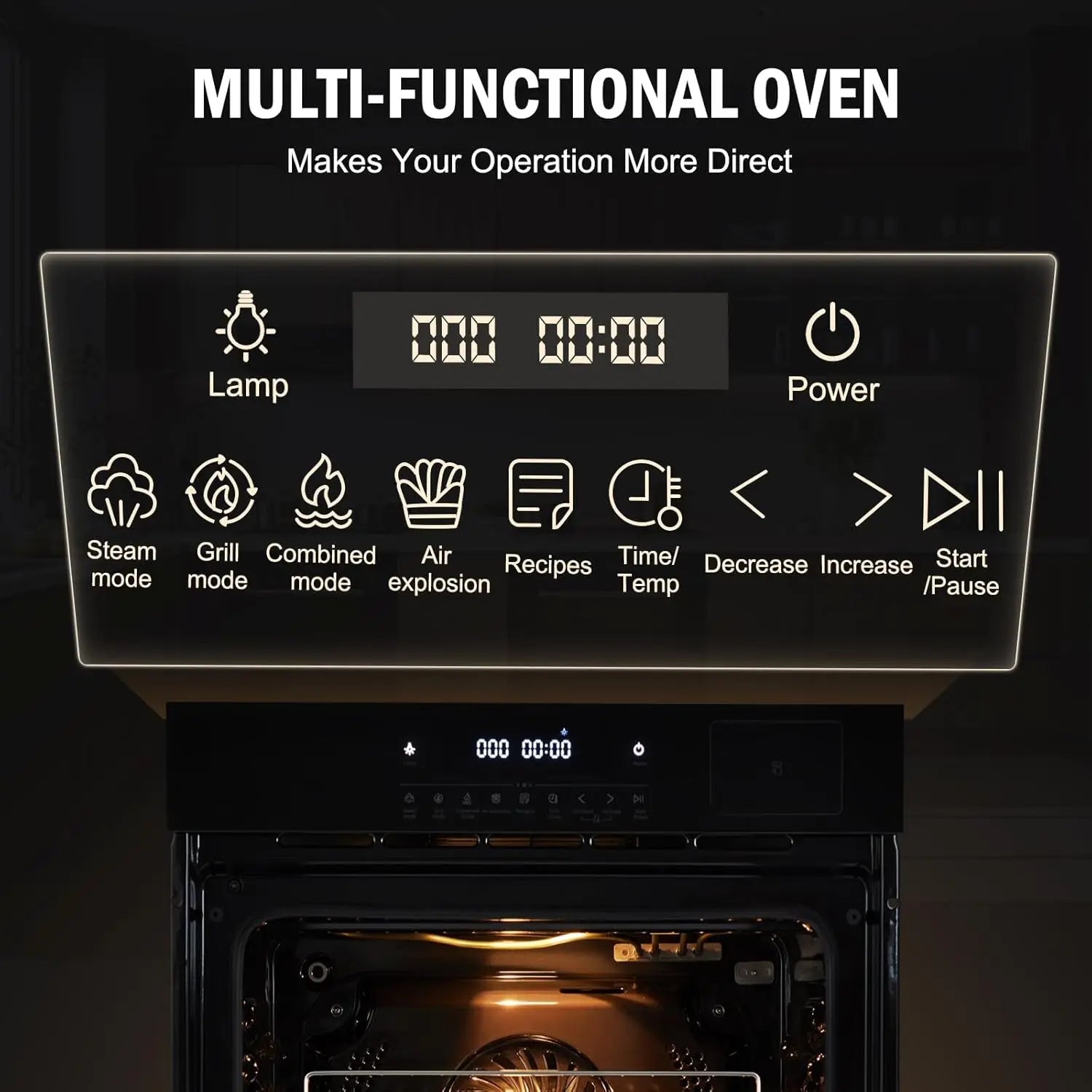 24Inch 70L Built-in Steam Oven, 240V 3000W Touch Control Air Fry Function 108 Smart Menus Wall Oven for Kitchen Baking Roasting