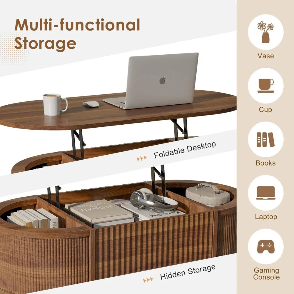 Fluted Lift Top Coffee Table with Storage, Modern Oval Coffee Table for Living Room or Home Office (Walnut)