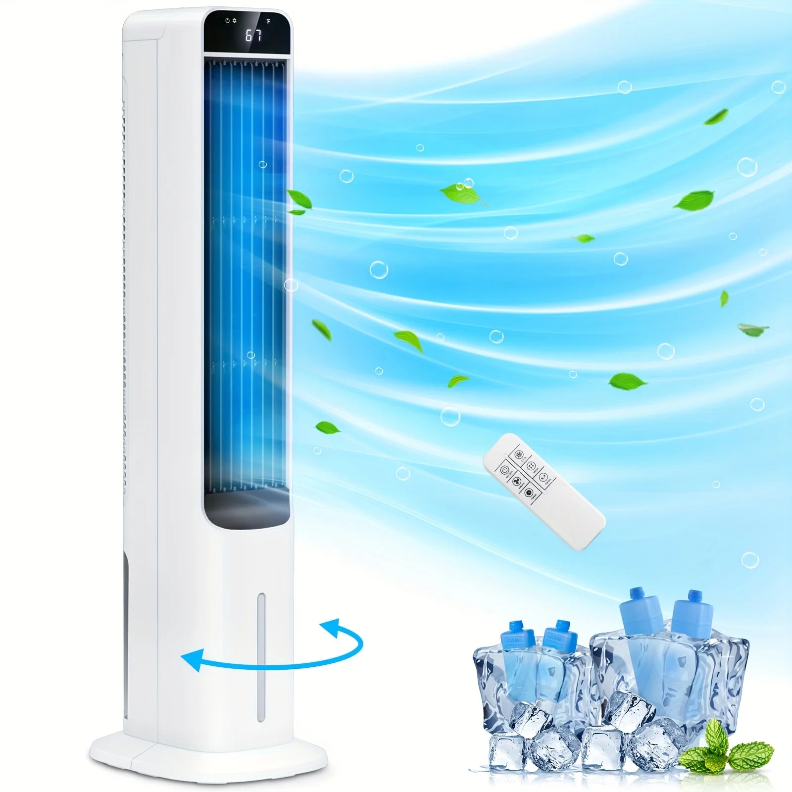 Portable Evaporative Cooler, Swamp Bladeless Tower Fan Air Conditioner with Ice Cooling And Humidification, 4 Ice Packs, 70 Degr