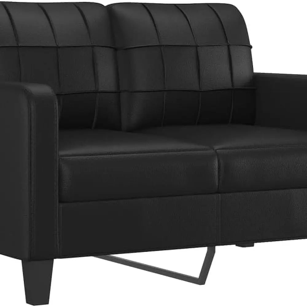Contemporary 2-Person Sofa in Black Faux Leather with Cushioned Arms and Pillows, Metal Frame for Lounge, Living Room, Office