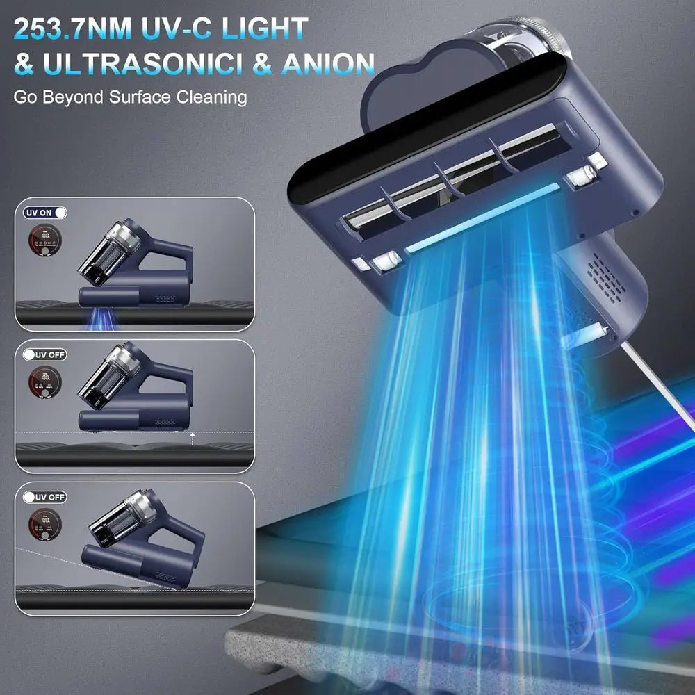 Ultra-Powerful Bed Vacuum Cleaner with UV-C Light, 16kPa Suction, HEPA Filter, 149℉ Heat, and Anion Technology for Bed and Pet.