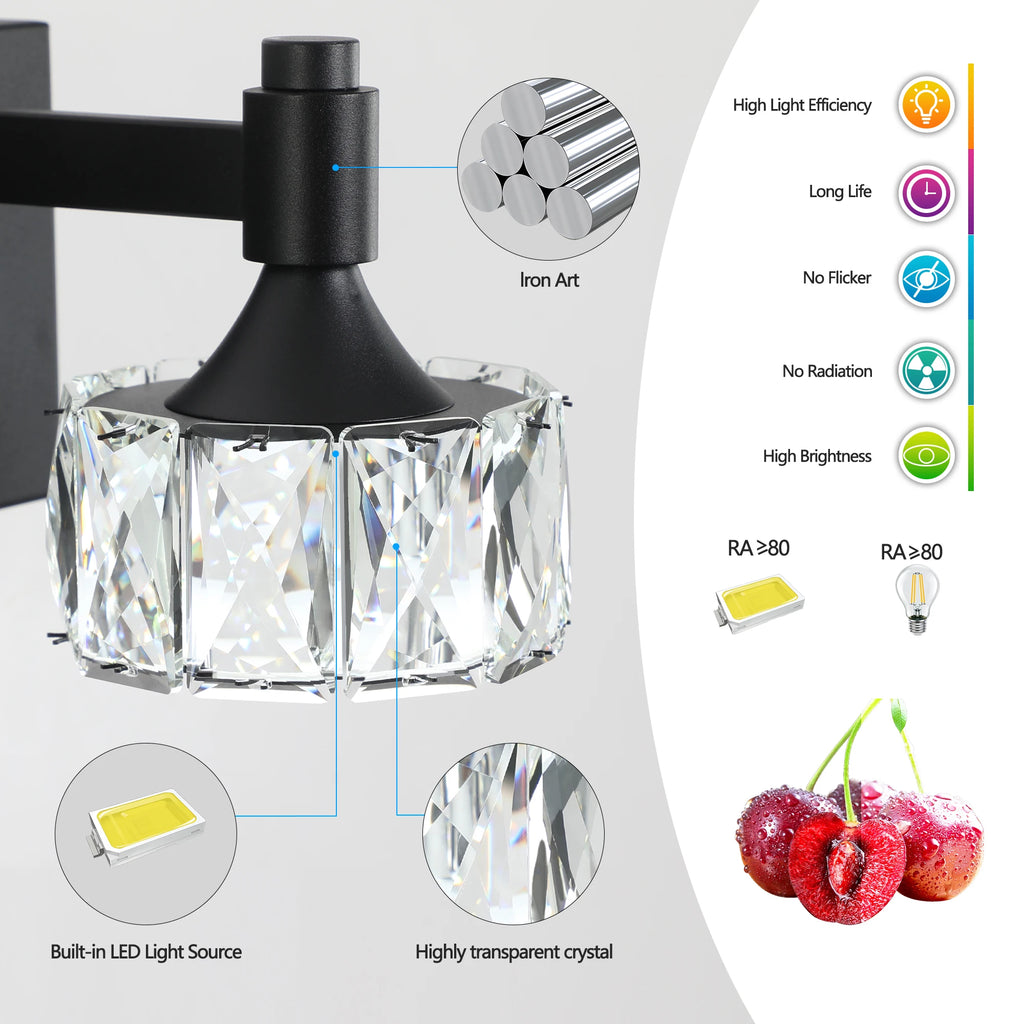 4-Light LED Vanity Light Modern Matte Black Fixture with Crystal Glass Shades, Bathroom Wall Sconce for  Contemporary Home Deco