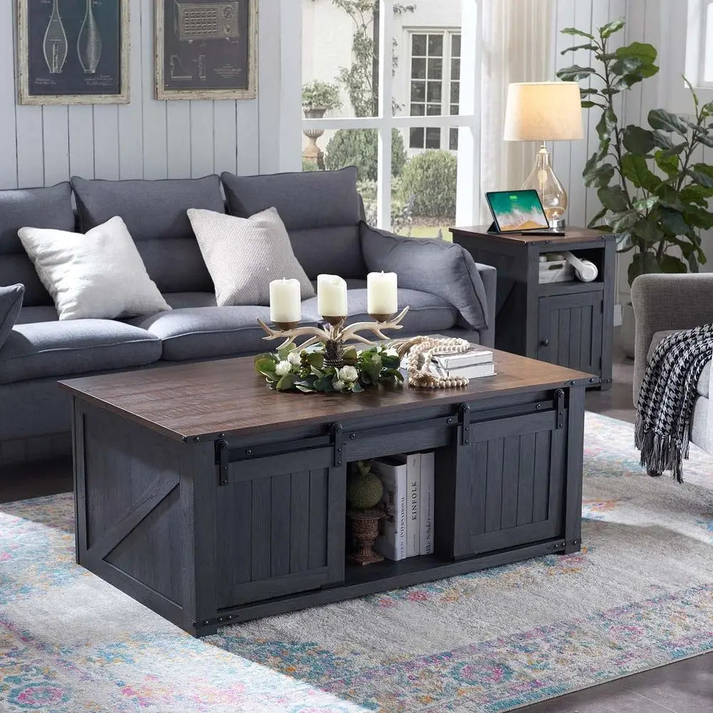 48 Large Coffee Table with Sliding Barn Door, Rustic Wood Design, Double Storage Spaces, Gray Living Room Furniture