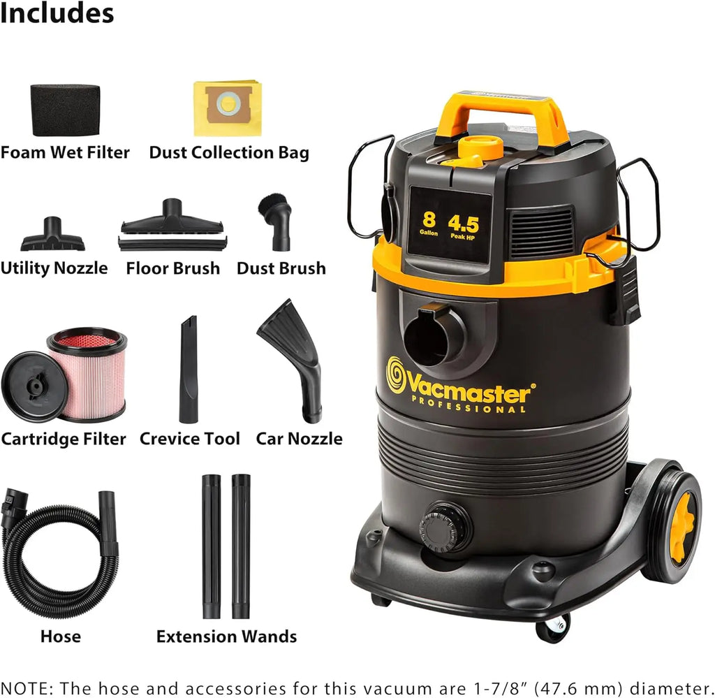 8 Gallon Wet/Dry Vacuum with Self-Cleaning Filter, 4.5 HP Motor for Powerful Suction and Easy Cleaning