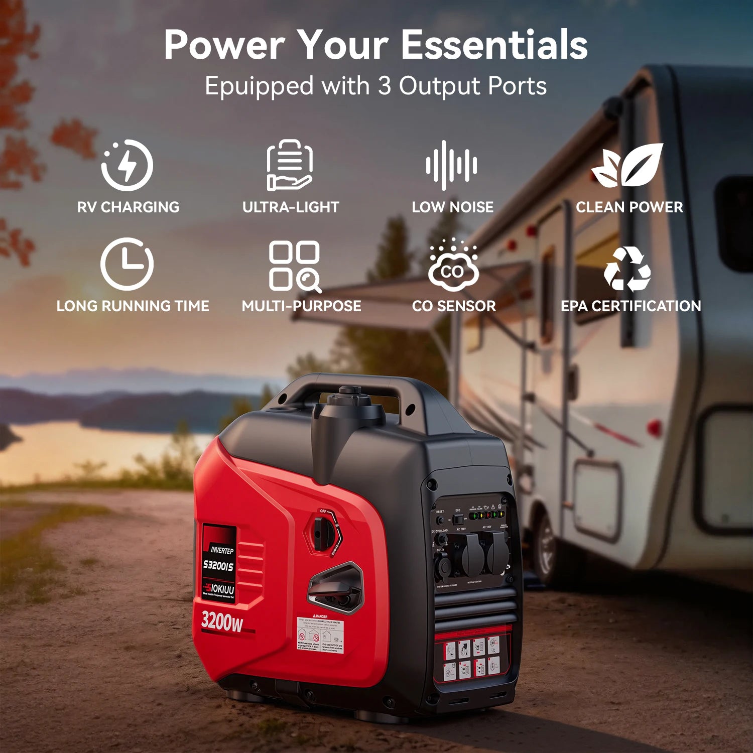 3200W Portable Inverter Generator operating power 2600W, EPA, Ultra Quiet, CO Alarm, Parallel Ready, Camping RV Home Emergency