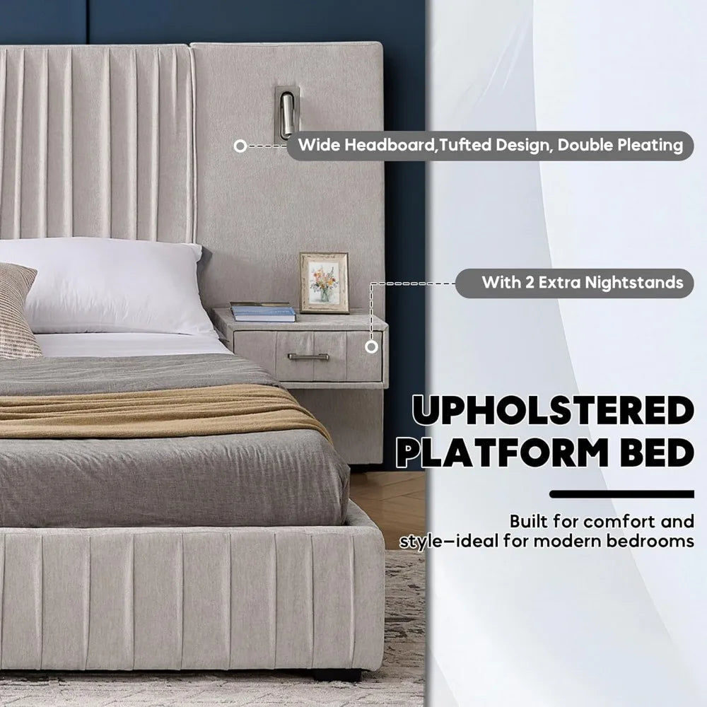 King Size Luxury Bed Frame with Pleated Design Headboard, Upholstered Hotel Platform Bed with Built-in LED Lights and Nightstand