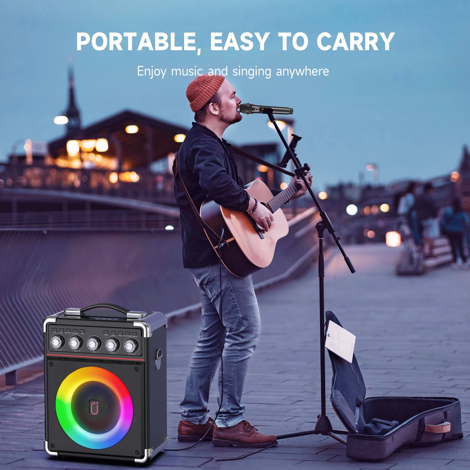 Kara Ok Machine with 2Wireless Microphones,Portable Bluetooth Speakers with Bass/Treble Adjustment,Pa System with Remote Control