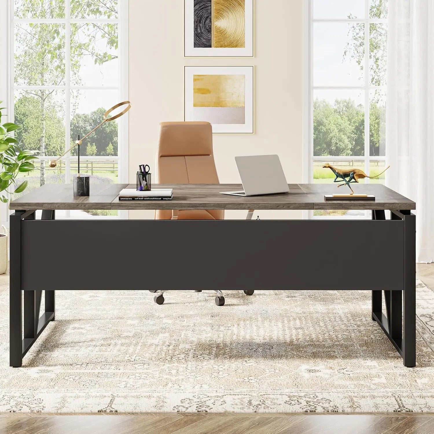 63" Computer Desk with Shelf, Home Office Writing Workstation, Dark Walnut Steel Frame, No Cabinet, Customized