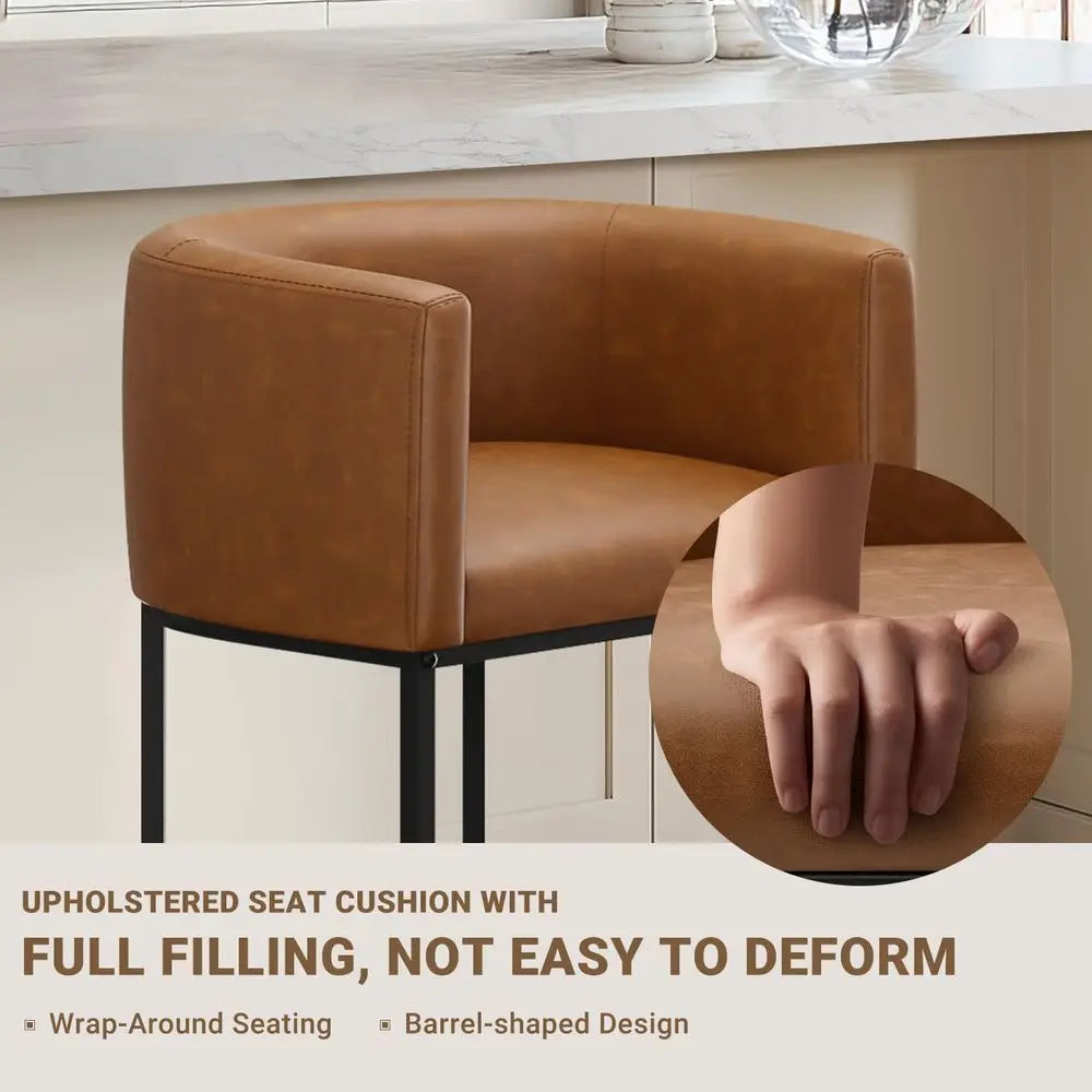 Set of 4 Counter Height Bar Stools with Backrest and Arms, Leather Upholstered, Walnut Brown