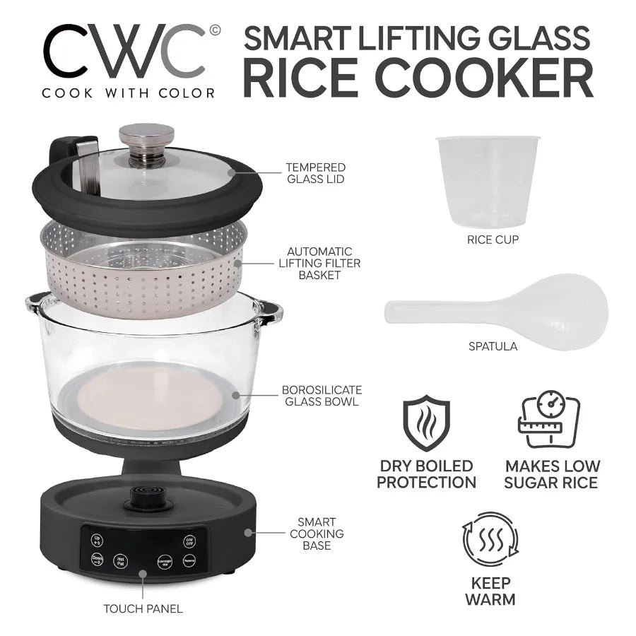 COOK WITH COLOR 3L Glass Low Carb Rice Cooker - Makes 6 Cups Cooked Low Sugar Rice with Auto Lift Filter Basket Hotpot Steamer