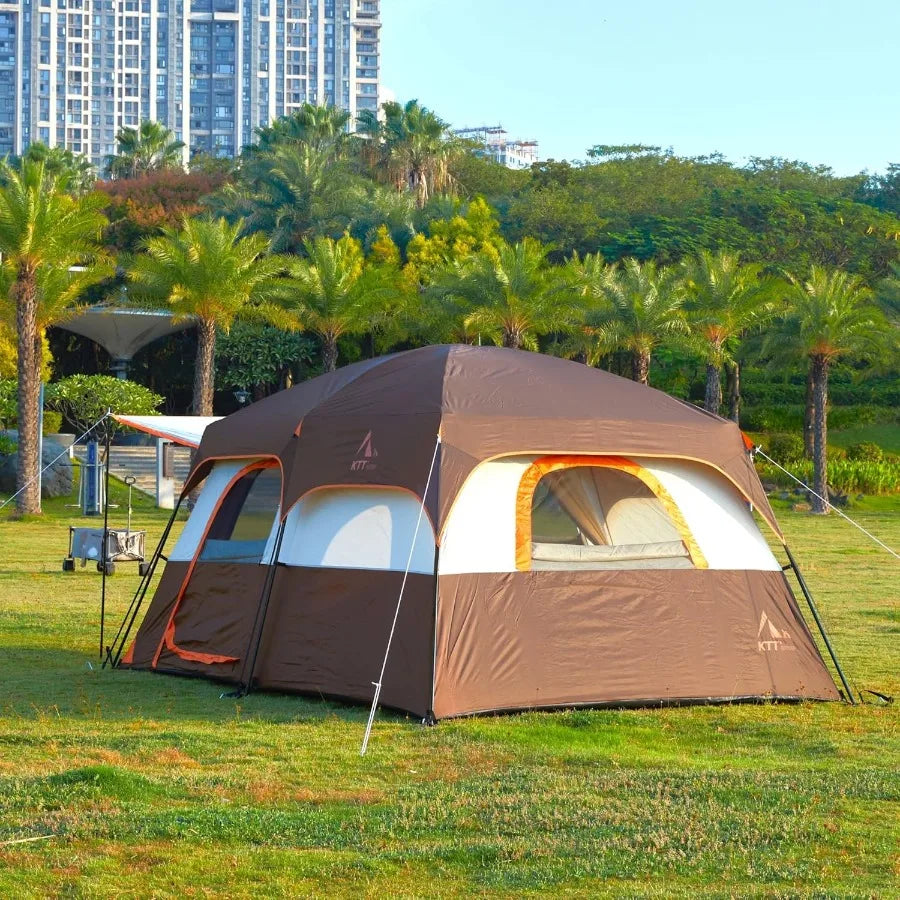 Extra Large Tent 6-10-12-14 Person Style-B Family Cabin Tents with 2 Rooms 3 Doors and 3 Windows Featuring Mesh Panels Straight