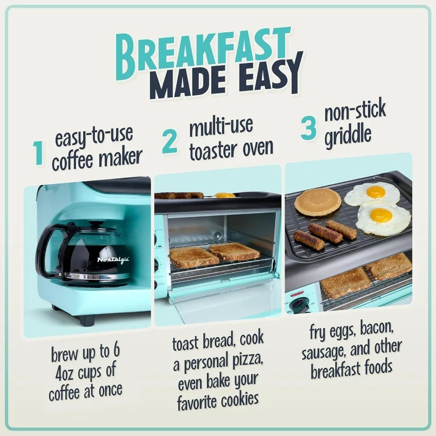 3-in-1 Breakfast Station with Coffee Maker Non-Stick Griddle and 4-Slice Toaster Oven - Versatile Breakfast Maker with Timer -