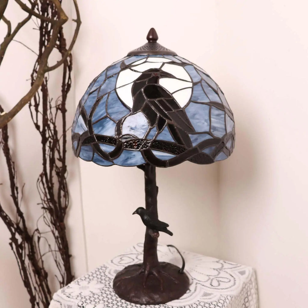 Tiffany Style Stained Glass Table Lamp with Raven on Tree Branch, Dark Blue for Home Decor