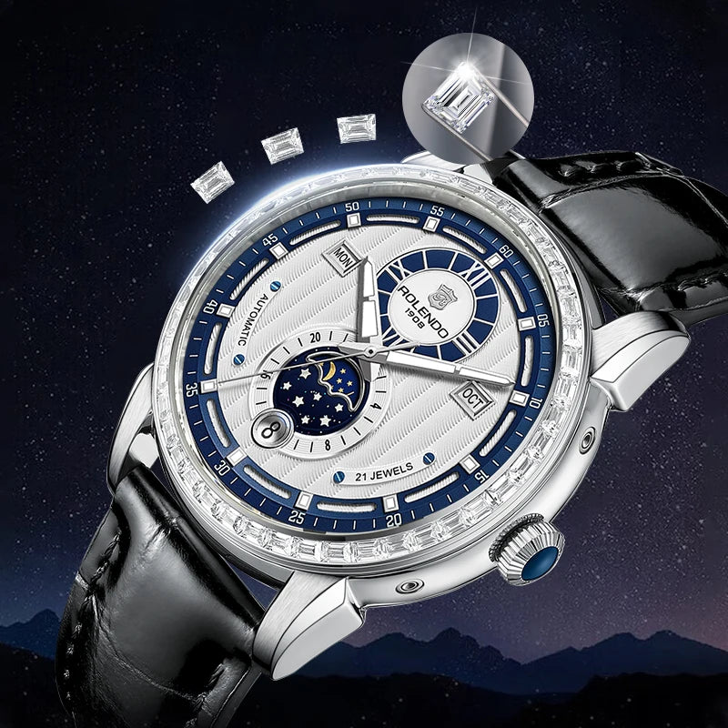 ROLENDO High-end Diamond-set Automatic Watch for Men 43mm Mineral Crystal Luminous Full Calendar Leather Strap 5ATM Luxury Gift