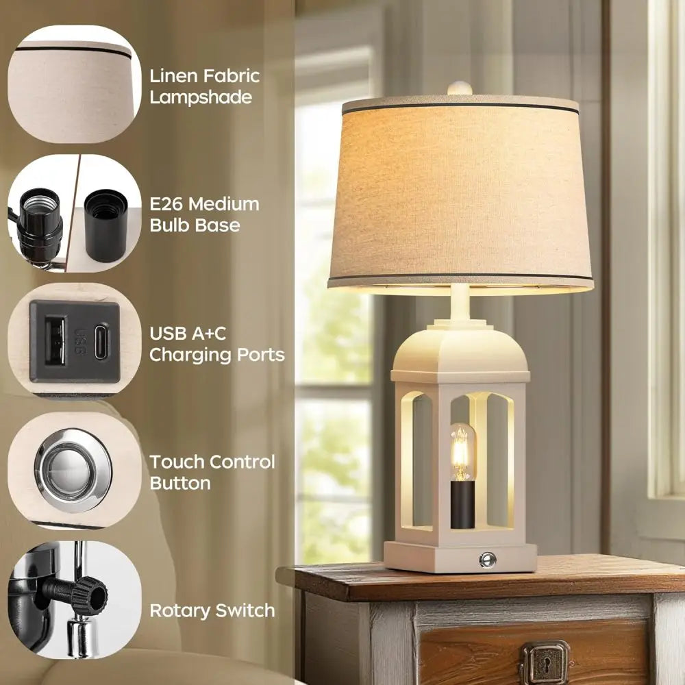 Table Lamp for Living Room, Farmhouse Lamps Set of 2 with USB A+C and Nightlight, 26" Rustic Bedside Lamps with 3-Way Dimmable