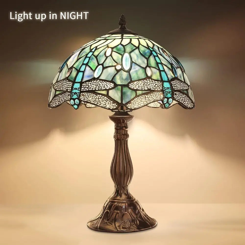 Vintage 18'' Stained Glass Table Lamp for Bedroom or Living Room, Includes LED Bulb (2700K E26)