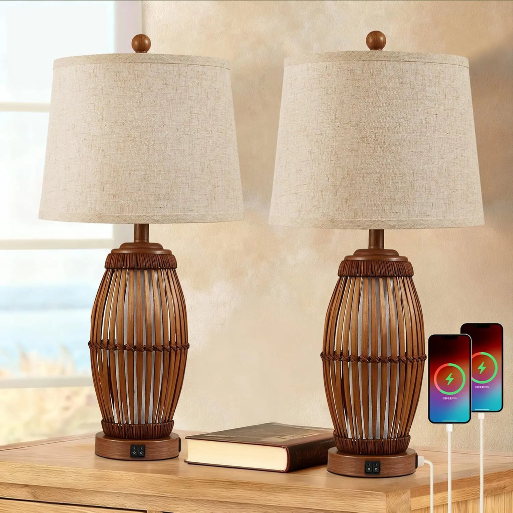 27" Vintage Bamboo Woven Table Lamps Set of 2 with Nightlight, USB A+C Ports and Bulbs Included for Bedroom Living Room