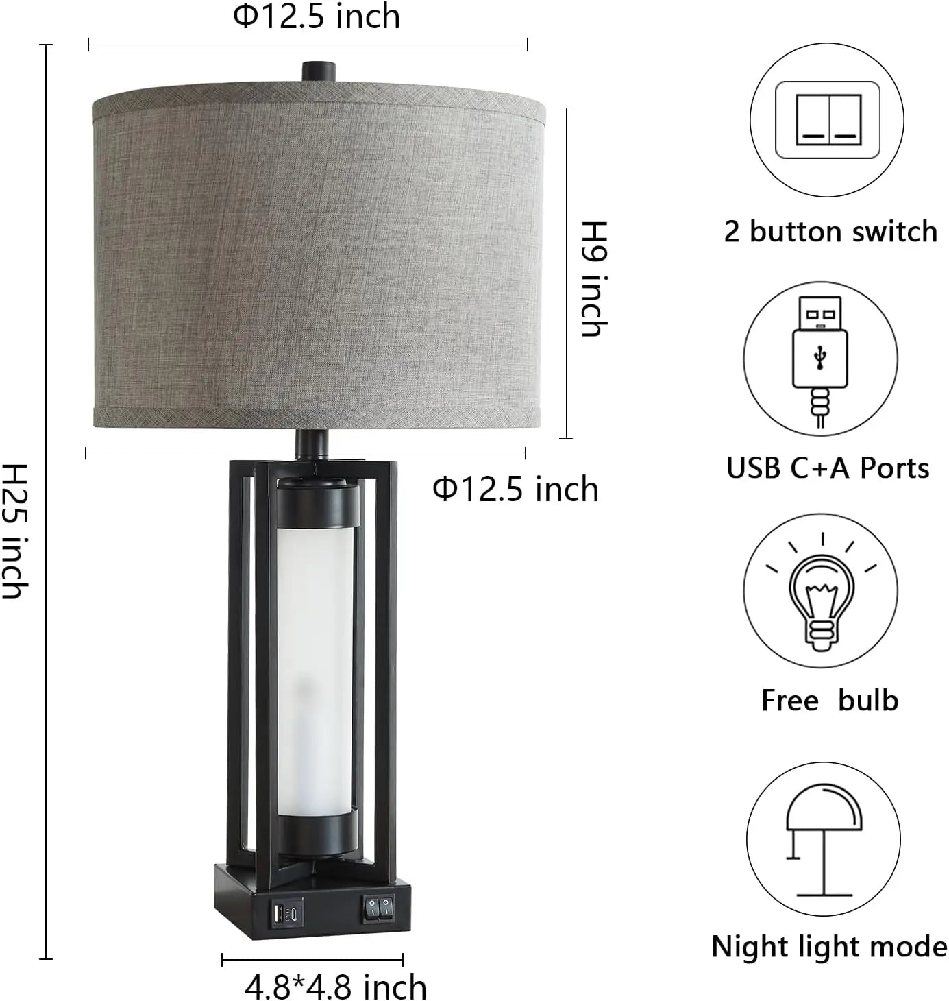 Set of 2 Modern Table Lamps with USB C+A Ports, Night Light, Retro Design for Living Room Bedroom, Includes 4 Bulbs