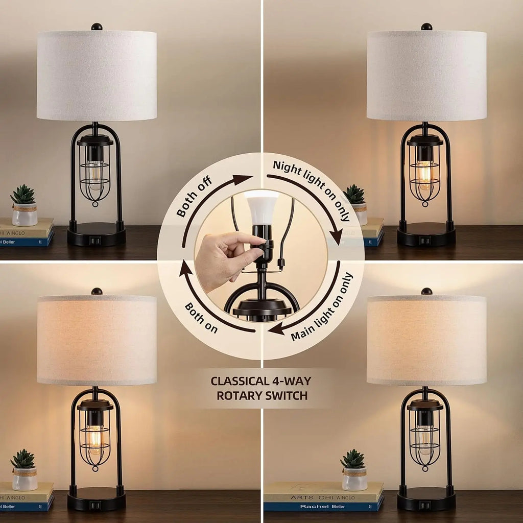 Set of 2 Modern Table Lamps with USB Ports and Night Light for Living Room Bedroom (Bulbs Included)