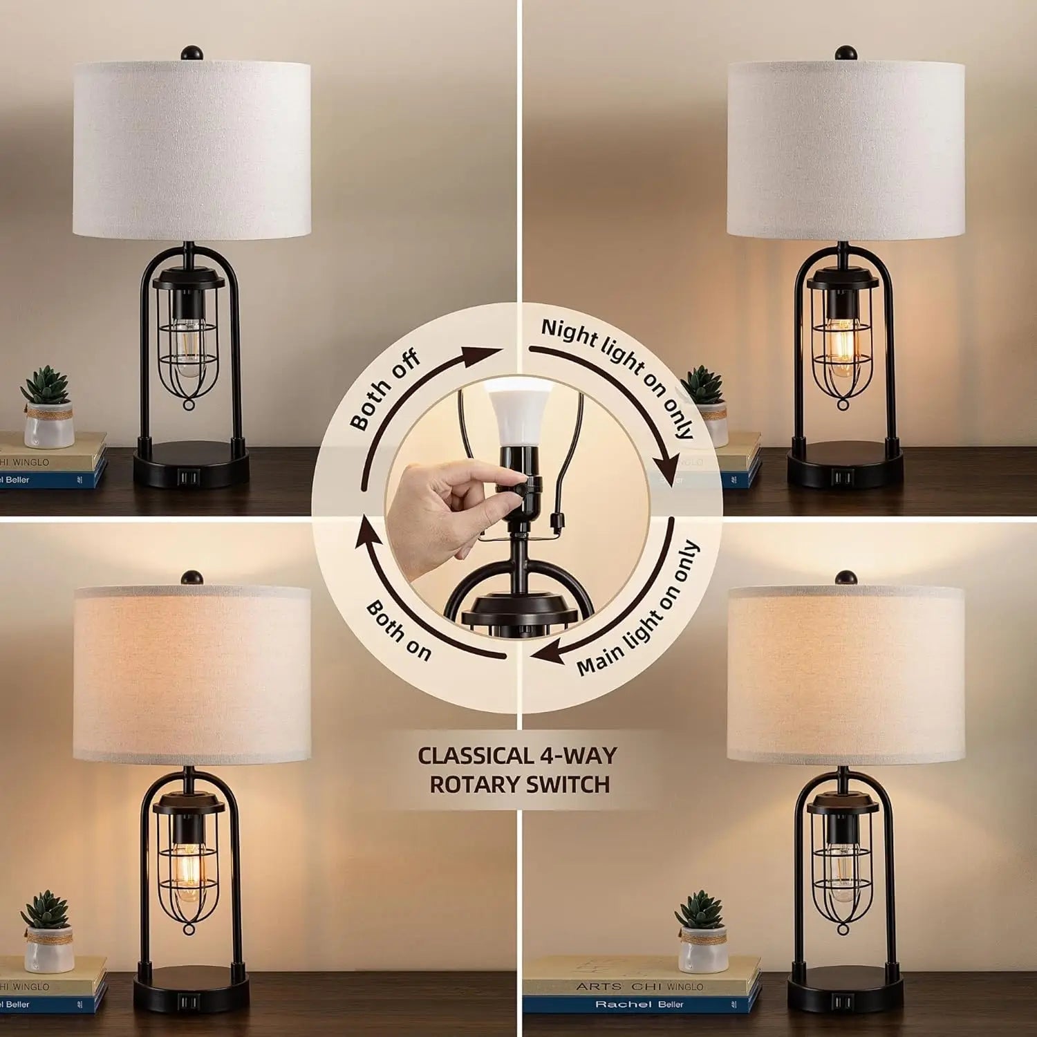 Set of 2 Modern Table Lamps with USB Ports and Night Light for Living Room Bedroom (Bulbs Included)