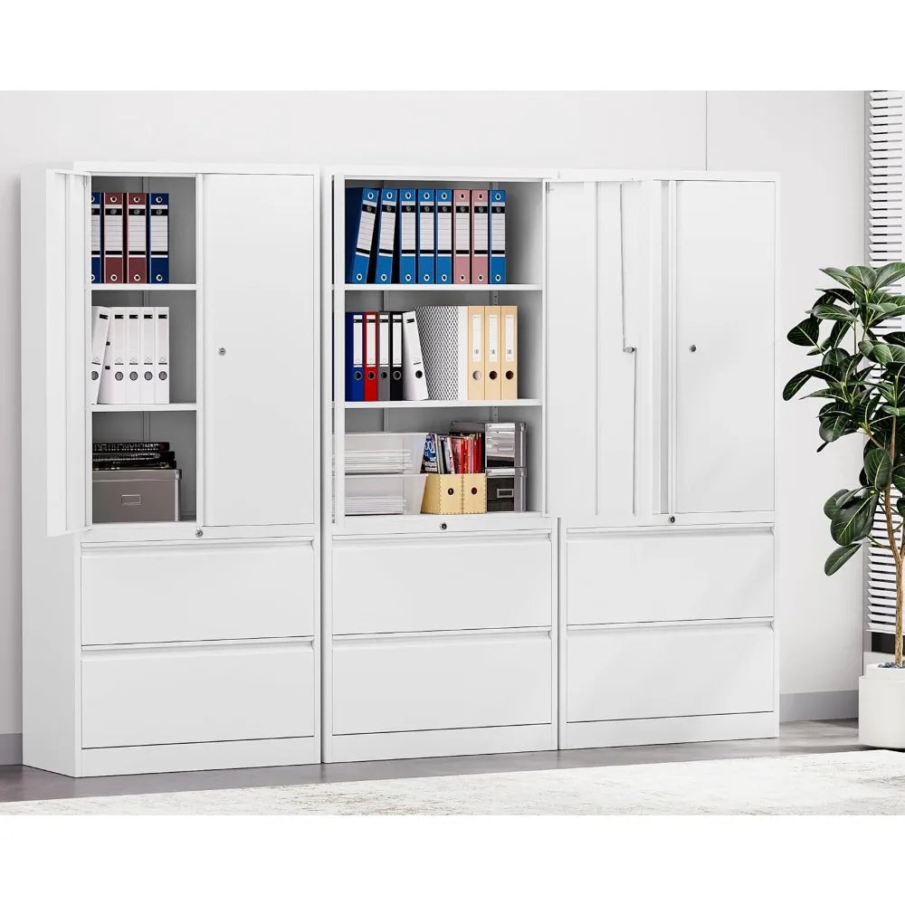 White 2-Drawer Locking Lateral File Cabinet with Shelf, 71 Storage Cabinet for Secure Metal Filing