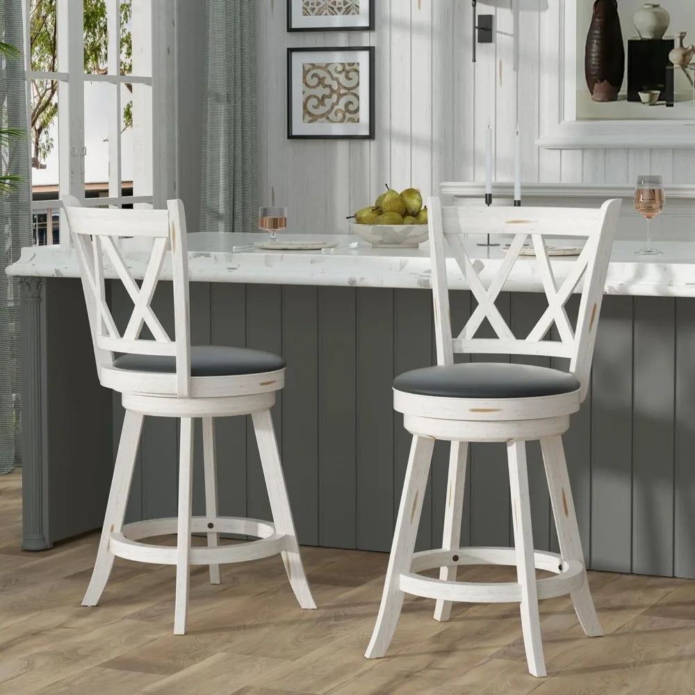 24 Inch High Back Swivel Bar Stools with Upholstered Seats and Solid Wood Footrests