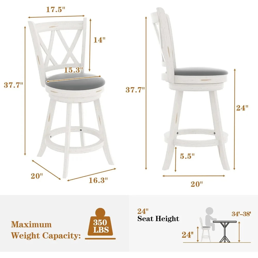 24 Inch High Back Swivel Bar Stools with Upholstered Seats and Solid Wood Footrests