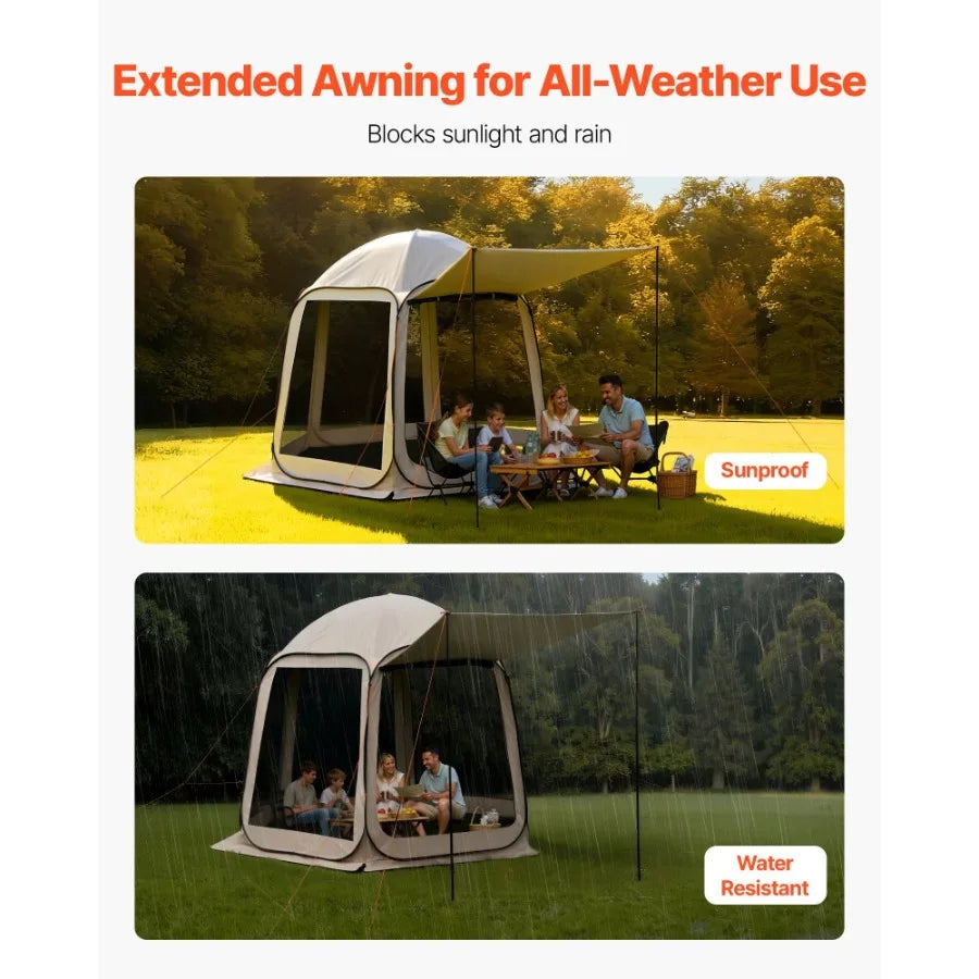 Screen House Tent 10 x 9.2 ft Beige 4-8 Person Pop Up Screened Canopy with Extended Awning Netting Sides Portable for Patio Bac