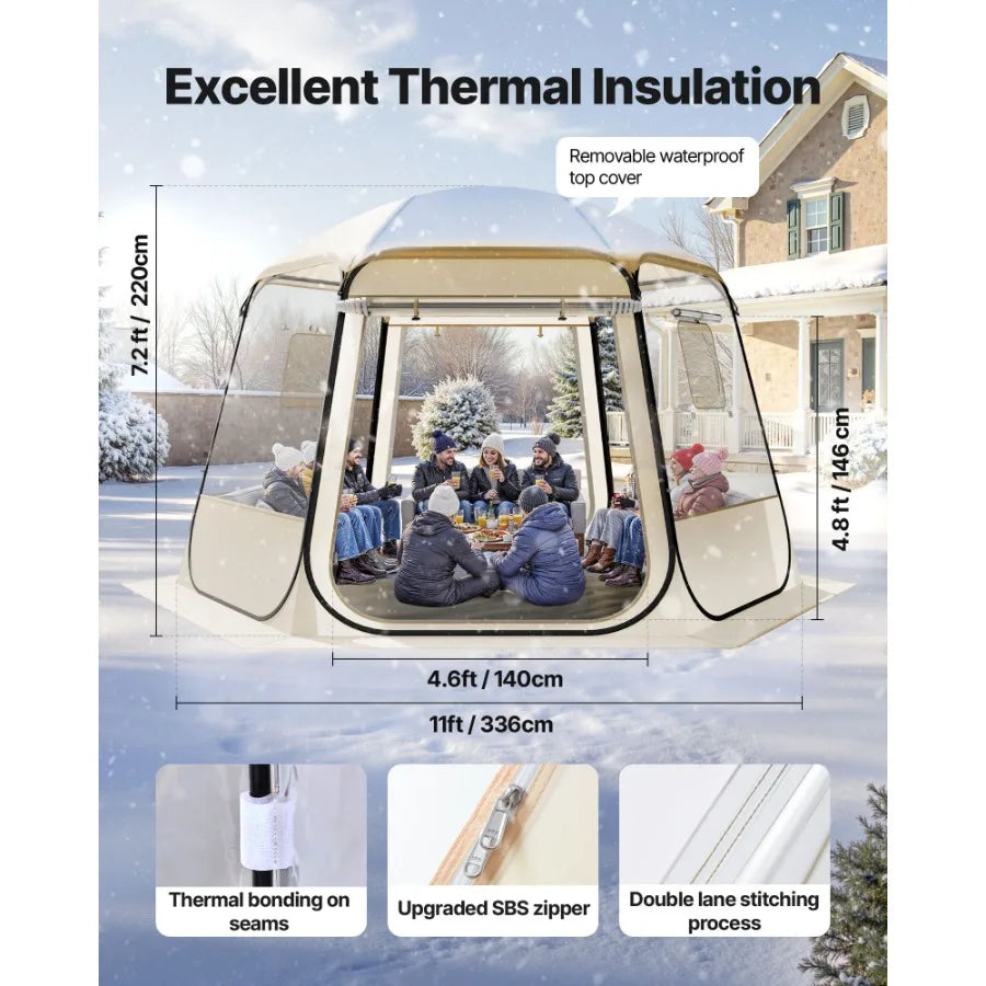 Pop up Bubble Tent for outdoor garden and patio use, made of waterproof UV-resistant clear PVC, transparent color, 540 panorami