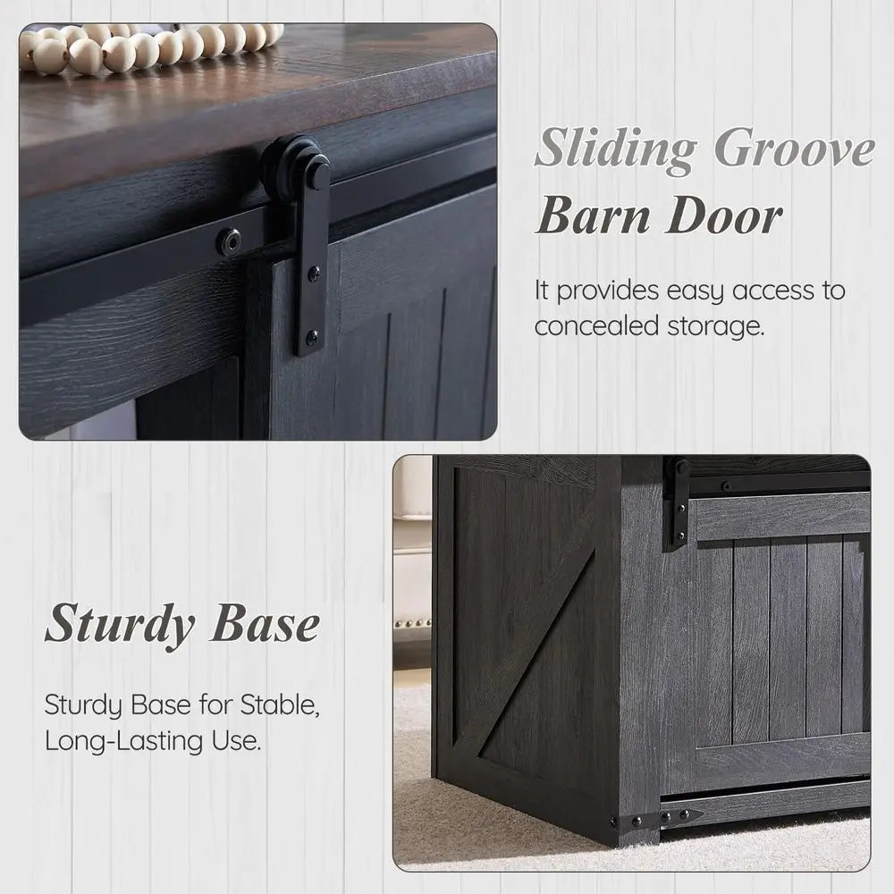 48 Large Coffee Table with Sliding Barn Door, Rustic Wood Design, Double Storage Spaces, Gray Living Room Furniture