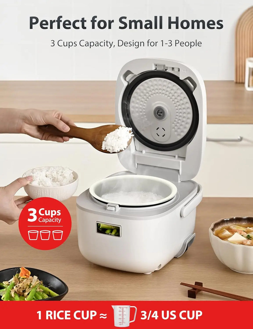 Mini Rice Cooker with Fuzzy Logic, 3-Cup Capacity, Steamer & Warmer, 24-Hour Timer and Auto Keep Warm