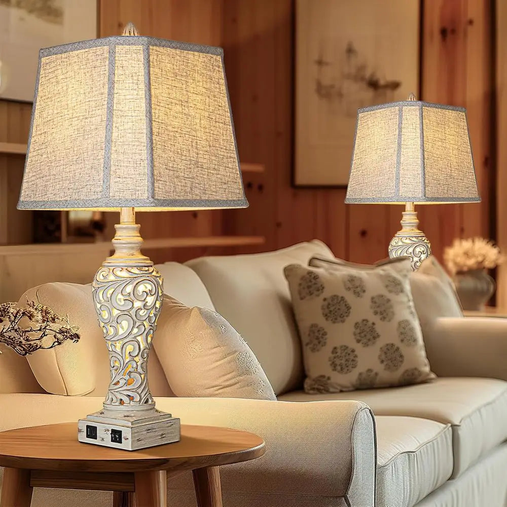 28.5 Dual Table Lamp Set with Fabric Shades - Ideal for Bedrooms and Living Rooms, USB & Nightlight Features