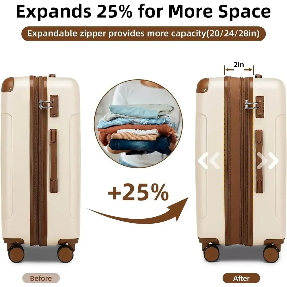 6-Piece Expandable Hard Shell Suitcase Set with TSA Lock and Double Spinner Wheels (White Brown)