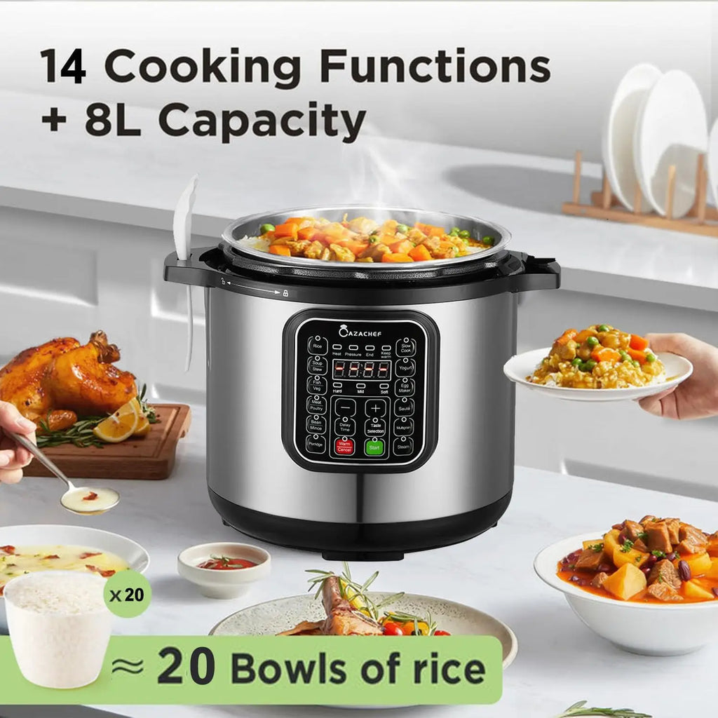 8qt Stainless Steel Pressure Cooker, 14-in-1 Electric Rice Cooker & Slow Cooker, LED Multifunction Steamer & Food Warmer