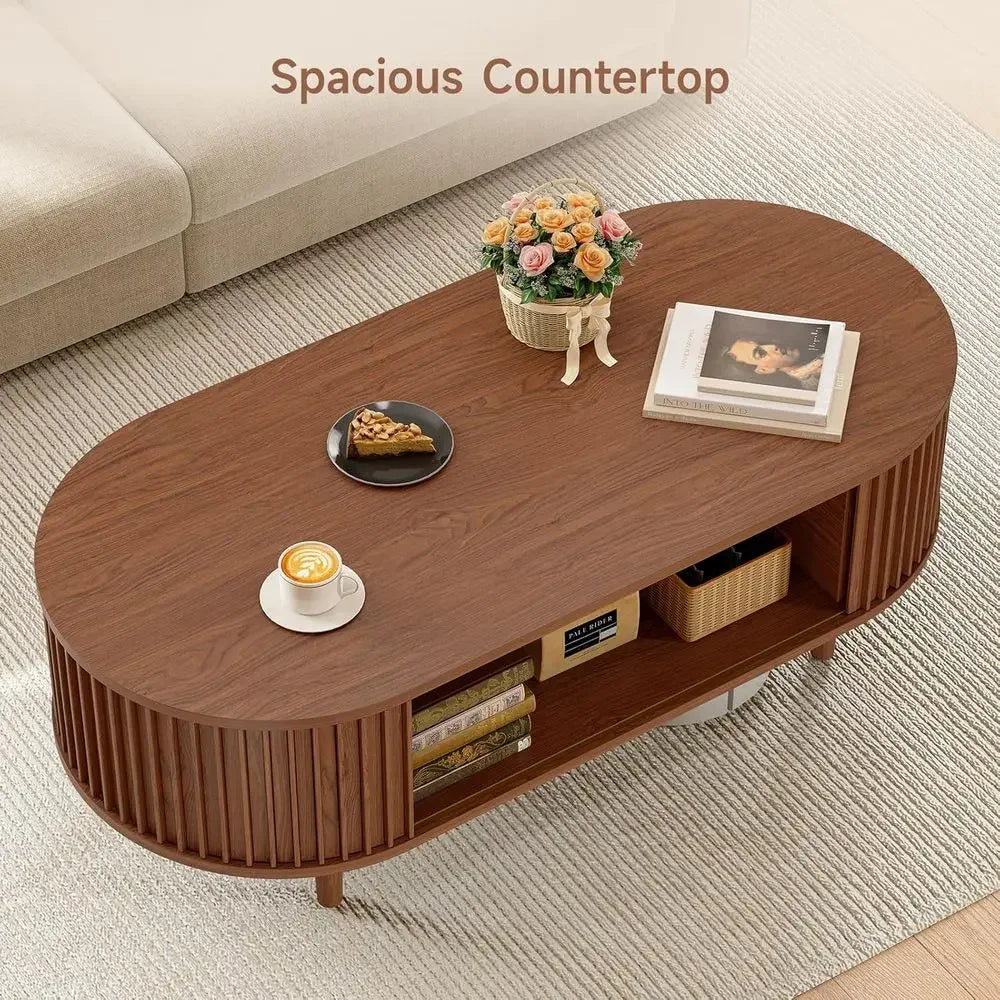 Mid-Century Modern Coffee Table with Storage, 43 Walnut Living Room Table for Small Spaces