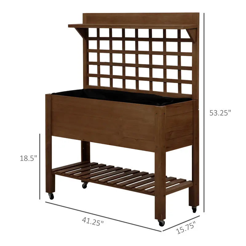 41" Raised Garden Bed Mobile Elevated Wooden Planter Box Stand with Wheels, Trellis and Storage Shelf, Dark Brown