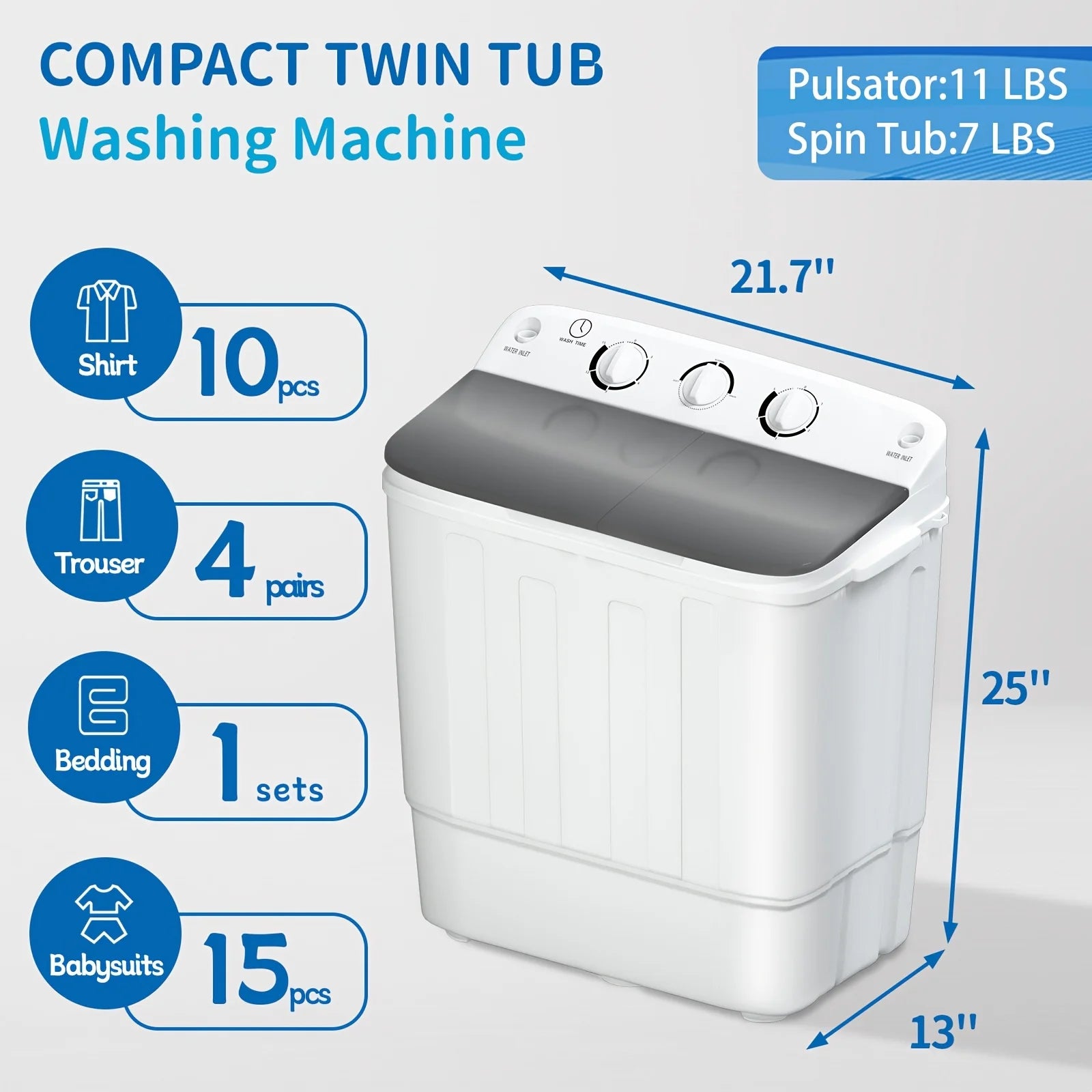 18lbs Compact Mini Twin Tub Washing Machine With Drying Rack, 11lbs Washer Mini Compact Laundry Machine And 7lbs Spinner, 1300RPM, Convenient And Efficient For Dorms, Apartment